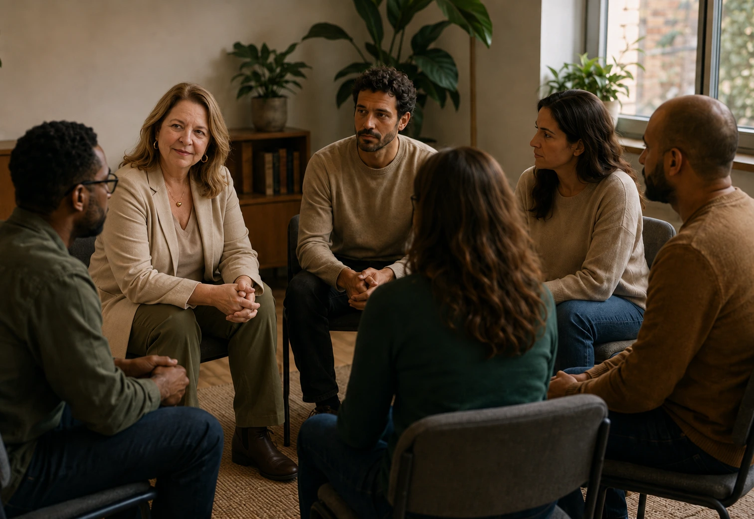 Pessoas reunidas em roda de conversa, em ambiente acolhedor.