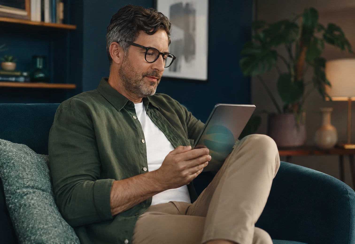Pessoa lendo conteúdo em tablet, em ambiente doméstico tranquilo.